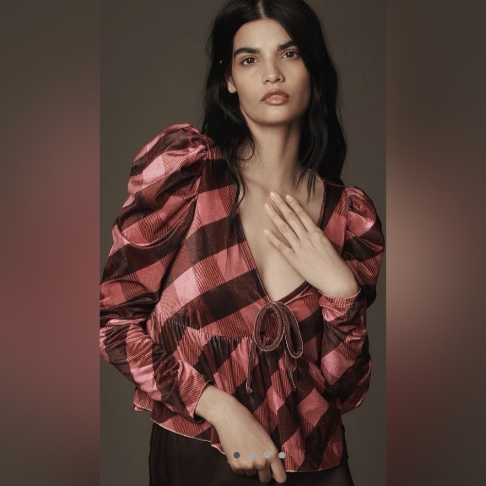 Plaid Maeve Velvet Babydoll Top with Puff Sleeves
